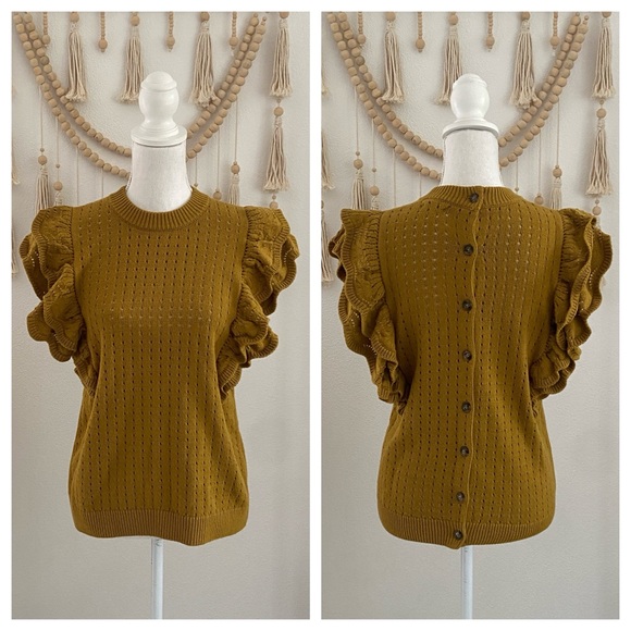 Who What Wear sleeveless sweater mustard yellow  ruffle sleeves open knit large - Picture 1 of 15